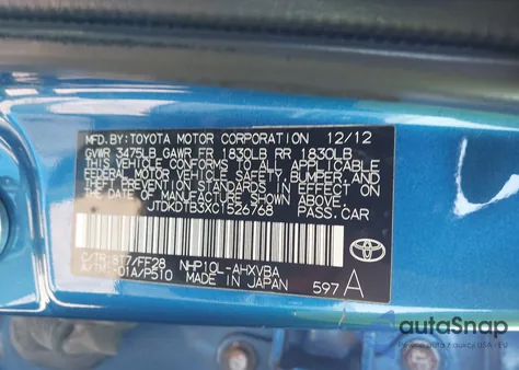 2012 Toyota Prius C Two from USA, damaged, VIN JTDKDTB3XC1526768